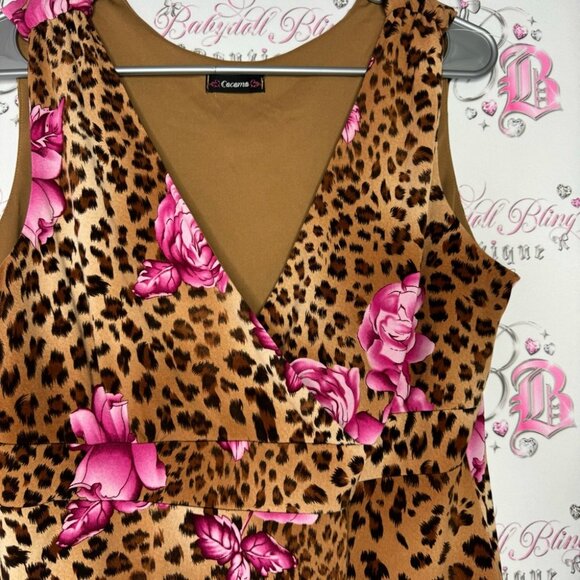 Cocomo tank top cheetah print floral flowers brown black pink fairy top hem - Picture 3 of 7
